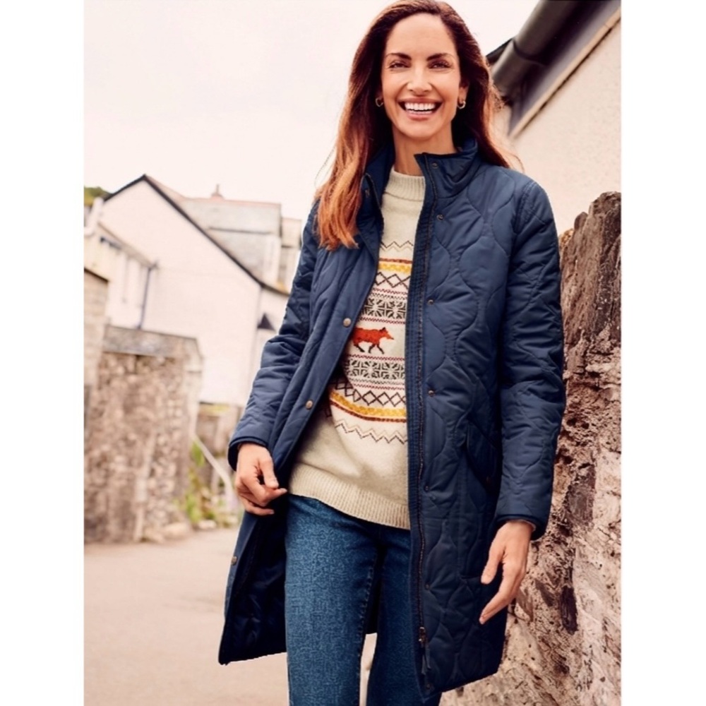 Talbots Quilted Long Jacket in Navy Blue Sz. Medium Petite